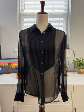 Equipment Femme Black Silk Sheer Tuxedo Blouse Size S